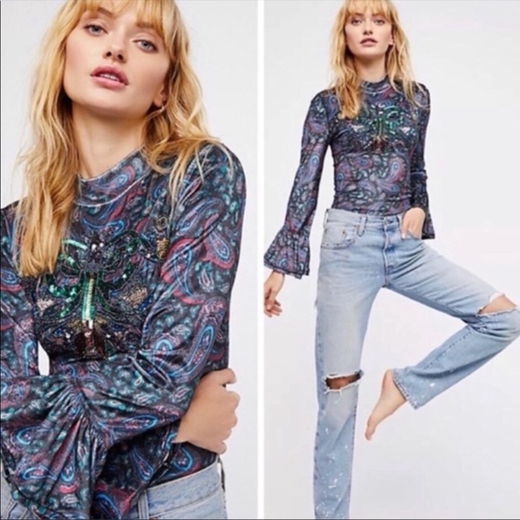 NWT WE THE FREE Black Multicolour Paisley L’amour Velour Top - Picture 15 of 15